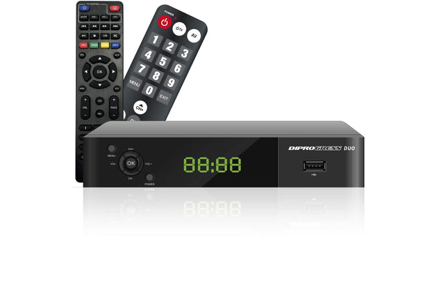 Diprogress DVB-T2 Hevc 10-bitine DPT207HD dekooder kahe 2-in-1 kaugjuhtimispuldiga