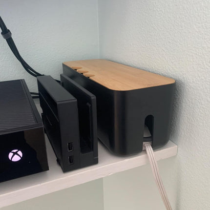 SENENQU Set of 2 cable boxes, black, large cable organizer box with wooden lid for cables, large and small cable management box, adapters, power strips, cable hiding box with 20 double-sided stickers