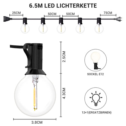 LETOUR Outdoor Fairy Lights, LED String Lights Bulb, 6.5M Waterproof Decorative Lights Chain for Garden Yard Wedding Party Patio Balcony Christmas Halloween, Outdoor Lighting with 12+1 Glass Bulbs