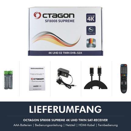 OCTAGON SF8008 UHD 4K Supreme kaksiksatelliidi vastuvõtja + NONIC HDMI kaabel, 2x DVB-S2X tuuner, E2 Linux ja Define operatsioonisüsteem, PVR salvestusfunktsiooniga, M.2 M-võti, gigabiti LAN, satelliit-IP ühendus, kaardilugeja, WiFi WLAN