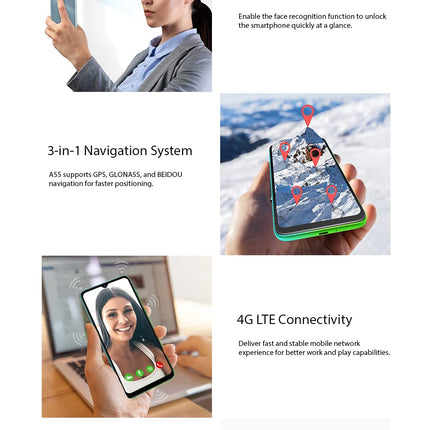 Blackview A55 4G nutitelefon ilma lepinguta, soodne, 6,53-tolline HD+ ekraan, MT6761V 2,0 GHz 3 GB + 16 GB, 5 MP + 8 MP kaamera, 4780 mAh aku, Android 11 DUAL SIM mobiiltelefon GPS näotuvastus sinine
