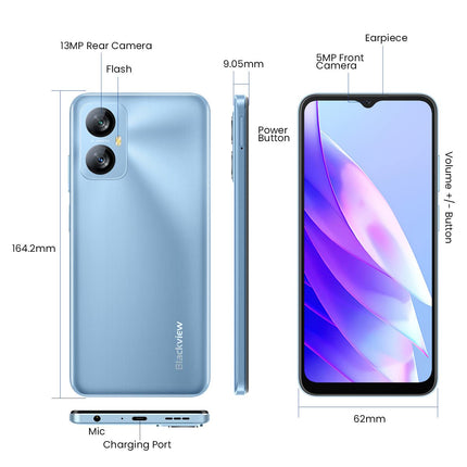 Blackview A52 Android 12 mobiiltelefon ilma lepinguta, 6,5-tolline tilkekraaniga ekraan, kaheksatuumaline 2GB 32GB (512GB väline SD), 13MP+5MP, kahe SIM-kaardiga nutitelefon, 5180mAh aku, näotuvastus ja sõrmejäljelugeja, must