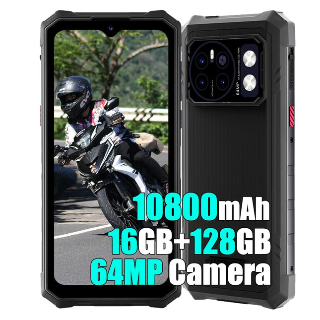 HOTWAV Cyber ​​​​13 2025 lepinguta õuetelefon Android 14, 10800mAh, 16GB+128GB/1TB TF õuenutitelefon, 6.6” DH+ 90Hz, 64MP+16MP ehitusplatsi telefon, Face ID/NFC/OTG must