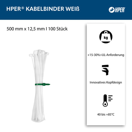 HPER cable ties white I 500 mm x 12.5 mm I 100 pieces I 15-30% more tensile strength/stability I transparent I certified premium quality