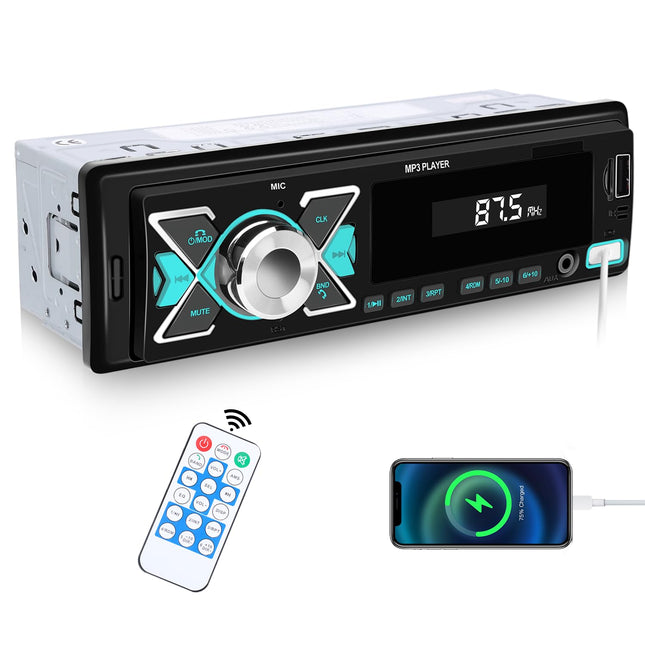 Hodozzy Car Radio 1 Din Bluetooth Car Radio with Bluetooth Handsfree, 4x45W, APP Locates/FM Radio/USB/TF/Aux/RCA/40 EQ/7 Colors + Remote Control