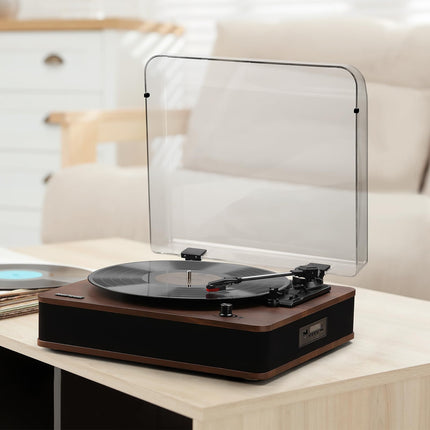 Retrospiler Record Player, Bluetooth Input and Output Turntable with Built-in Speakers, FM Radio, Vinyl MP3 Recording, USB and SD Playback, LED Screen, Walnut