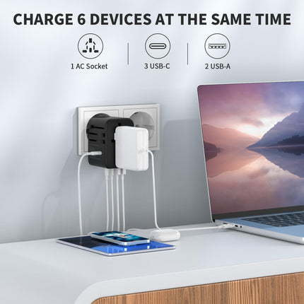 EPICKA ülemaailmne reisiadapter, GaN universaalne reisipistik 70W PD kiirlaadija, reisiadapter 3 USB-C, 2 USB-A, rahvusvahelise pistikupesaga adapteriga Saksamaale, USA-le, Suurbritanniale, Jaapanile ja Taile TA-105 Pro