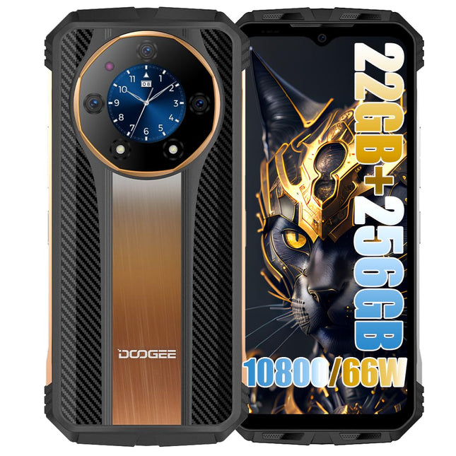 DOOGEE S110 4G Unlocked Mobile Phones, Helio G99 Octa Core 22GB + 256GB, 10800mAh Battery / 66W, 50MP Camera (24MP Infrared) + 16MP + 32MP, Android 13 6.58 inch, Fingerprint NFC Gold