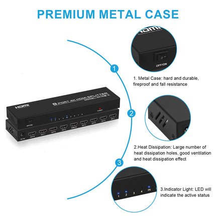 TCNEWCL 4K HDMI jaotur 1 sisend 8 väljundit samaaegne 1x8 audio-video HDMI jaotur toiteallikaga, toetab 3D-d, HDCP-d, ühildub HDTV, Xboxi, PS4, Blu-ray-mängija ja projektoriga