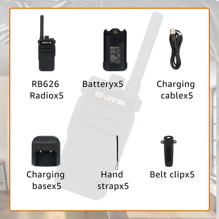 Retevis RB626 professionaalne kahesuunaline raadiosaatja, pikamaa raadiosaatja USB-laadijaga, 16 kanalit, 2000 mAh, hädaabinumber, laetav kahesuunaline raadiosaatja kooli, supermarketi jaoks (must, 5 tk pakis)