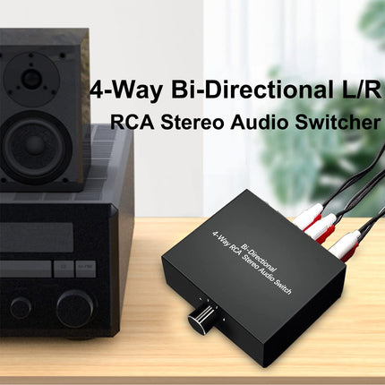 4-Way Bidirectional L/R RCA Stereo Audio Switcher, 1 in 4 Out or 4 in 1 Out, L/R Sound Channel Audio Splitter Audio Selector Switch Box for DVD Stereo Speaker CD Player