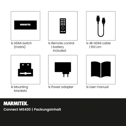 HDMI Matrix 4x2 lüliti – Marmitek MS420 – 4K 60Hz – 4 sisendit 2 väljundit – ARC – Optiline väljund – Integreeritud heliekstraktor – Allaskaleerija – HDR – 4:4:4 – Dolby Audio ja DTS:X – EDID