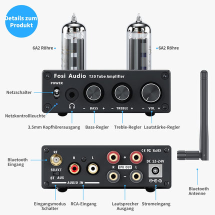 Fosi Audio T20 Tube Amplifier Valve Amplifier, 2-Channel Class D Power Amplifier Bluetooth Mini Headphone Amplifier, 6A2 Vacuum Tubes for Speakers