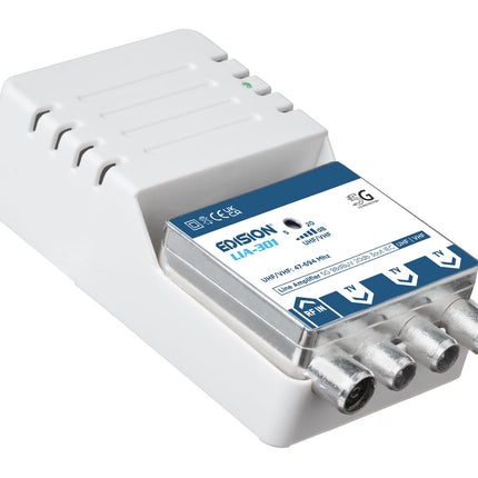 EDISION LIA-301 UHF/VHF koduvõimendi, 5-20dB, 98dBmV, sagedusala 47-694MHz, sobib kaabeltelevisiooni, maapealse ja raadiolevi jaoks, 5G LTE filter, 1 sisend, 3 väljundit, IEC pistikud
