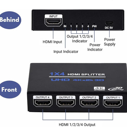 Ozvavzk 4K HDMI jaotur 1 sisend 4 väljund samaaegselt HDMI jaotur 4 monitori peegel HDMI jaotur 1 sisend 4 väljund toetab 4K UHD HDCP1.4 3D 1080P Full HD pikamaa edastust alalisvoolutoitega
