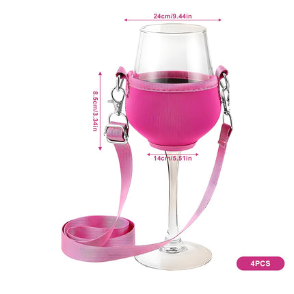 Pack of 4 wine glass holders for hanging with glass, wine glass holder for the neck, portable wine glass holder, for picnics, pool, festivals, weddings, birthday parties, large (wine glasses not included) (pink)
