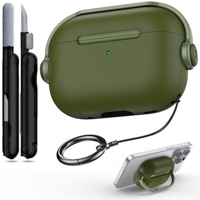 R-fun kaitseümbris, mis ühildub Apple Airpods Pro kõrvaklappidega (2023/2022/2019, 2./1. põlvkond), (USB-C/Lightning-kaabel), muusikakõrvaklappide ümbris turvaluku ja puhastuskomplektiga, oliivroheline