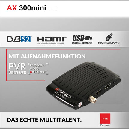 RED OPTICUM AX 300 mini satelliitvastuvõtja - digitaalne satelliidivastuvõtja HD - väline IR-andur LED-ekraaniga - HDMI - USB - 12V toiteallikas, ideaalne telkimiseks