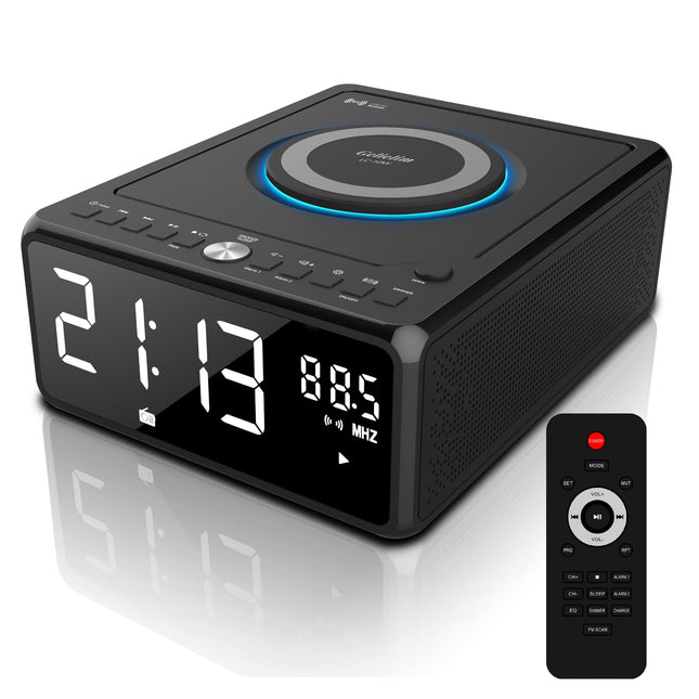 G Keni raadio CD-mängijaga (FM-raadio) | Bluetooth-raadio - 10-vatine juhtmevaba laadija, digitaalne äratuskell LED-ekraaniga, 3,5 mm AUX, kõrvaklapipesa, USB-sisend (must)