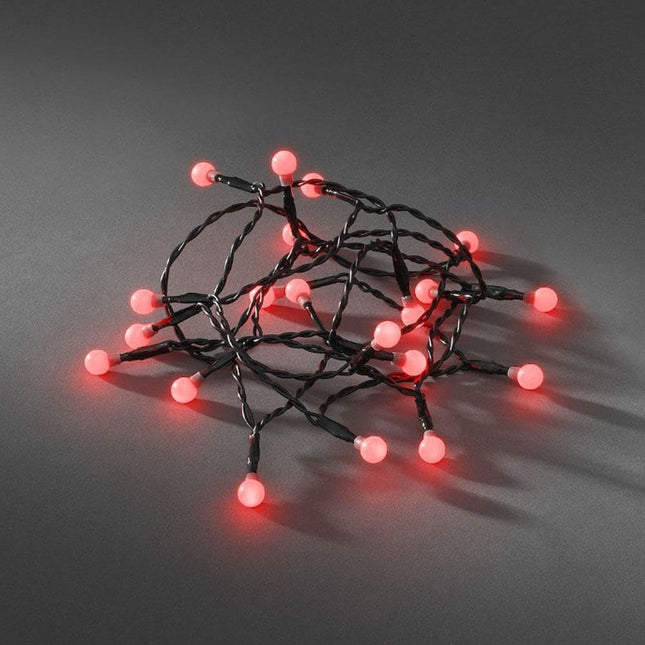 Konstsmide LED globe light chain, round diodes, 6h timer, 20 red diodes, battery-operated, indoor, black cable, 3 x AA 1.5V (excl.) - 1491-557