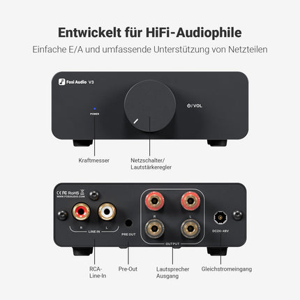 Fosi Audio V3 minivõimendi, 300Wx2 stereo Hifi võimendi TPA3255 võimendikiibi ja vahetatavate opvõimenditega, uuenduslik soojuse hajumise disain, D-klassi helivõimendi helitugevuse regulaatoriga, Hifi võimsusvõimendi