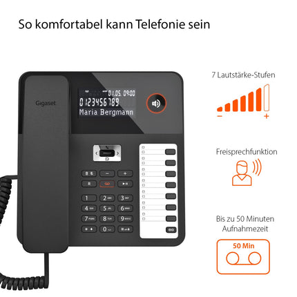 Gigaset Desk 800A - Juhtmega telefon automaatvastajaga - Kolmerealine LCD-ekraan - 5-suunaline navigeerimisnupp - Käed-vabad funktsioon - DTMF- või impulssvalimine, must [saksakeelne versioon]