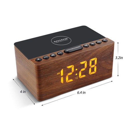 ANJANK digitaalne puidust raadioäratuskell juhtmevaba laadimisjaamaga, 10W kiire juhtmevaba laadija iPhone'ile/Samsung Galaxy'le, LED-ekraan 5-tasemelise dimmeriga, USB-laadimisport, kellraadio, kingitused meestele