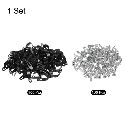 QUARKZMAN R-Type Cable Clip Wire Clamp, 30mm 1.18 inch Nylon Screw Mount Cable Tie Clips with Screws Black for Cable Management Pack of 100