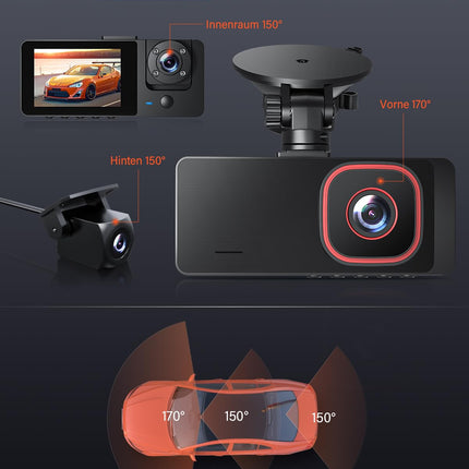 Bestsee 1080P autokaamera esi-, taga- ja sisemusest 64 GB SD-kaardiga, parkimiskaamera, liikumistuvastus, infrapunane öönägemine, G-andur, tsükkelsalvestus, WDR, vaatenurk (170°+150°+150°)