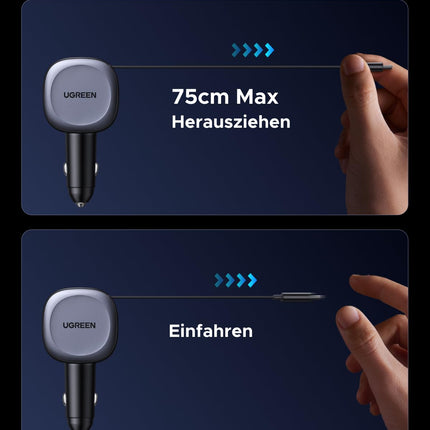 UGREEN sigaretisüütaja USB-C 75W sissetõmmatav autolaadija autolaadija USB kiirlaadija mobiiltelefoni autotarvikud 12v USB laadimiskaabel autoadapter iPhone 16, iPadi, Galaxy S24 S25, GPS-i jne jaoks