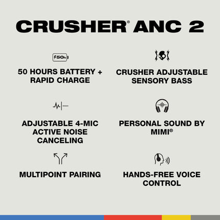 Skullcandy Crusher ANC 2 kõrvapealsed mürasummutavad juhtmevabad kõrvaklapid sensoorse bassiga, lisalaadimiskaabel, 50-tunnine aku tööiga, Skull-iQ, Alexa tugi, mikrofon, Bluetooth-ühilduv, luujuhtivus