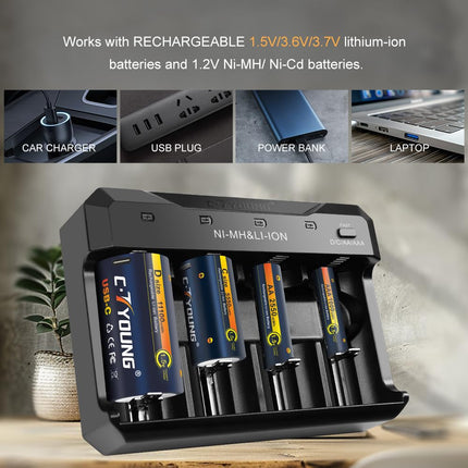 Rechargeable C Battery 4-pack Rechargeable C Battery 1.5 Volt USB Lithium 5500mWh with Universal Battery Charger Batteries for All Batteries AA AAA CD