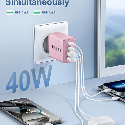 USB-C laadija, 40W 4 porti USB-C pistikuga kiirlaadija toiteadapter iPhone 16 15 14 13 12 11 Pro Max Plus, Samsung Galaxy telefonidele, mitme laadimispistikuga PD+QC toiteadapteri pistik