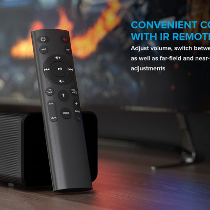 Creative Stage 360 ​​​​2.1 heliriba subwooferiga teleri, arvuti ja lauaarvuti jaoks, millel on Dolby Atmos, ruumiline heli, HDMI ARC/2.0, Bluetooth, optiline sisend ja IR-kaugjuhtimispult.