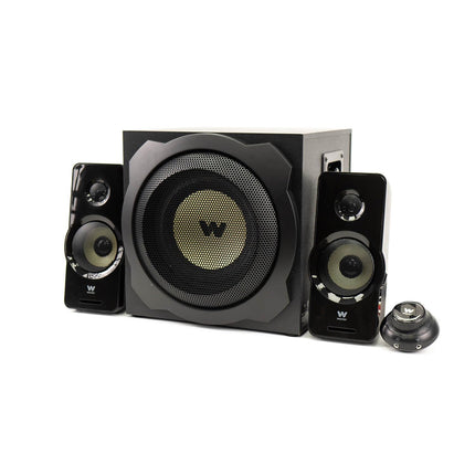Woxter Big Bass 260 - 2.1 kõlarid (150W, puidust subwoofer, metallvõre, juhtmega helitugevuse regulaator, AUX ideaalne teleri, arvuti ja mängukonsoolide jaoks), must