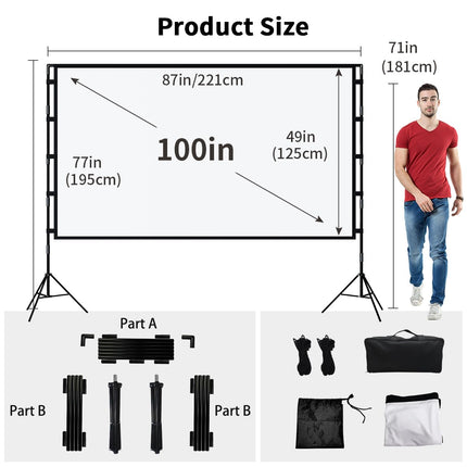 Projector Screen with Tripod, Towond 100 Inch Indoor Projector Portable Outdoor Cinema, 16:9 HD Rear Front Garden Projection with Carrying Bag for Home Party Theater Nights
