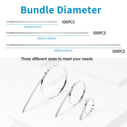 Armpow 300 pieces 150mm+250mm+350mm metal cable ties 300 lbs tensile strength, 304 stainless steel multi-purpose heavy-duty cable ties with self-locking