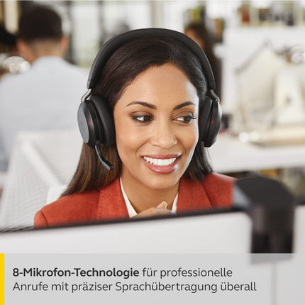 Jabra Evolve2 75 juhtmevabad arvutipeakomplektid laadimisdokiga, 8-mikrofoni tehnoloogia - kahekordse vahuga stereokõrvaklapid täiustatud aktiivse mürasummutusega, USB-C Bluetooth-adapter ja UC-ühilduvus - must