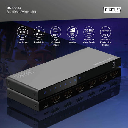 DIGITUS DS-55334 HDMI-lüliti 5x1 – 5 sisendit, 1 väljund – UHD 8K/60 Hz HDTV: 7680 × 4320p – HDCP 2.3 ja HDMI 2.1 – HDR, CEC, Deep Color, DTS, Dolby Digital, LPCM – teleri, monitori, PS5, PS4, Xboxi jaoks