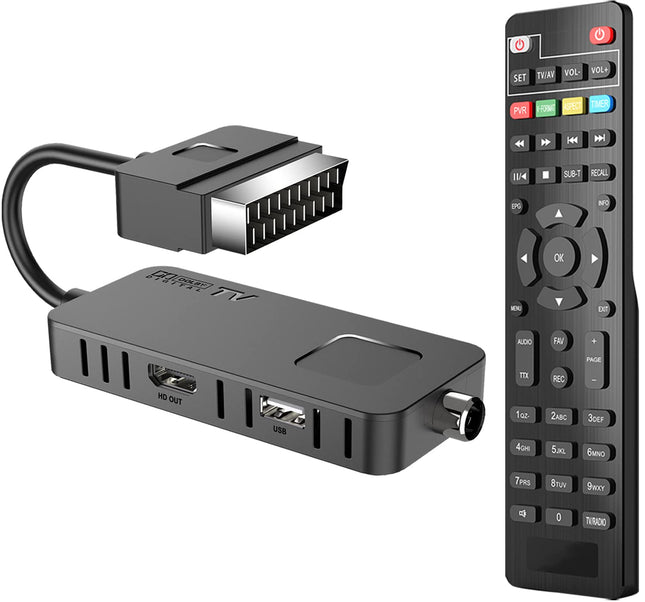 Maapealne digitaalne dekooder 2022 DVB-T2-Dcolor Full HD SCART HDMI TV Stick võtab vastu kõiki tasuta kanaleid, toetab 1080P H265 Main10 PVR USB WiFi multimeediat [sisaldab 2in1 kaugjuhtimispulti]