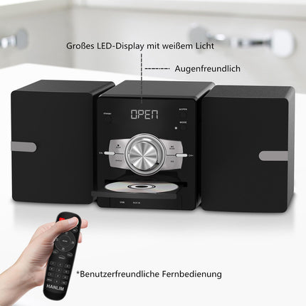 Compact CD Stereo System Mini Component 30W RMS CD Player FM/Bluetooth Compatible/USB/AUX/Remote Control/Headphone Jack Compatible with High-Resolution Sound Source