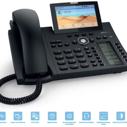 Snom D385N IP-telefon, SIP-lauatelefon, 4,3-tolline TFT-värviline ekraan 480 x 272 pikslit, 12 SIP-identiteeti, sensoriga lüliti, USB, 48 isemärgistavat klahvi (12 füüsilist), must, 00004600