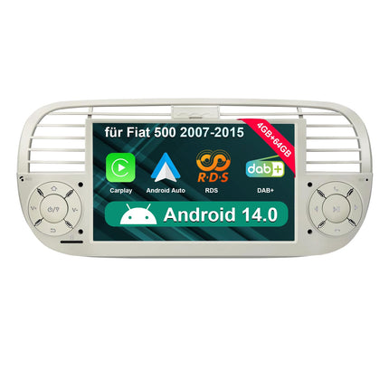 [Cream 4+64GB] Autoraadio FIAT 500 2007-2015 mudelile, 7-tolline puutetundlik ekraan, Android 14 raadio tugi, juhtmevaba Carplay/Android Auto, GPS navigatsioon, WiFi, 4G, Bluetooth, 5.0, FM RDS, DSP, SWC, DAB+, OBD, USB