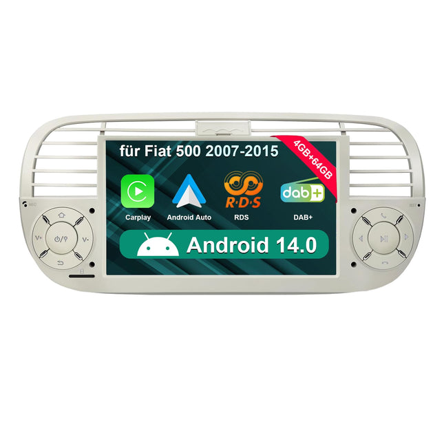 [Cream 4+64GB] Autoraadio FIAT 500 2007-2015 mudelile, 7-tolline puutetundlik ekraan, Android 14 raadio tugi, juhtmevaba Carplay/Android Auto, GPS navigatsioon, WiFi, 4G, Bluetooth, 5.0, FM RDS, DSP, SWC, DAB+, OBD, USB