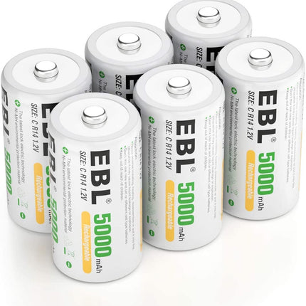 EBL Baby C Battery 5000 mAh - Type NI-MH Rechargeable C Batteries with Storage Box, Type C Battery 6 Pieces