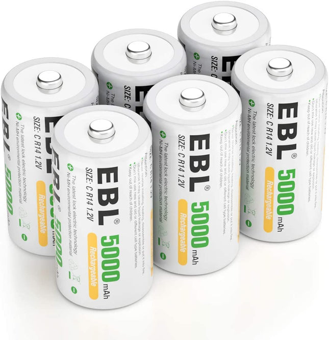 EBL Baby C Battery 5000 mAh - Type NI-MH Rechargeable C Batteries with Storage Box, Type C Battery 6 Pieces