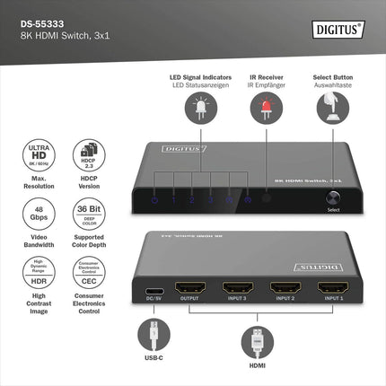 DIGITUS DS-55333 HDMI-lüliti 3x1 – 3 sisendit, 1 väljund – UHD 8K/60 Hz HDTV: 7680 × 4320p – HDCP 2.3 ja HDMI 2.1 – HDR, CEC, Deep Color, DTS, Dolby Digital, LPCM – teleri, monitori, PS5, PS4, Xboxi jaoks