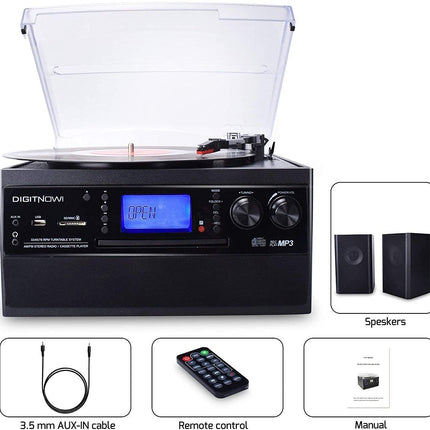 DIGITNOW! Bluetooth-vinüülplaadimängija CD, kasseti, AM/FM-raadio ja Aux-sisendi jaoks, USB-port ja SD-kaardi kodeering, kaugjuhtimispult, eraldiseisvad stereokõlarid