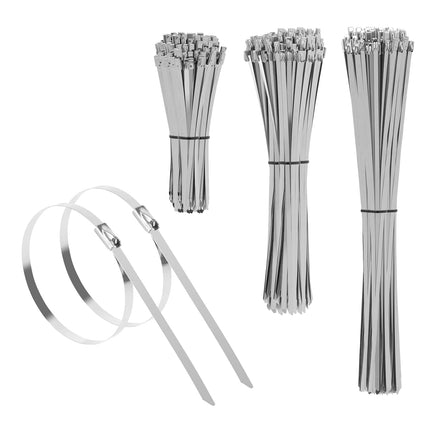 Armpow 300 pieces 150mm+250mm+350mm metal cable ties 300 lbs tensile strength, 304 stainless steel multi-purpose heavy-duty cable ties with self-locking