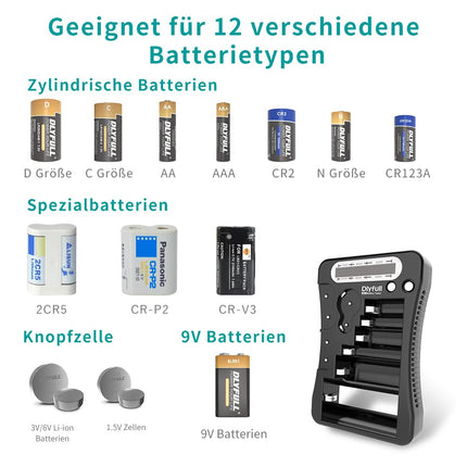 Dlyfull LCD universaalne akutester AA AAA CD 9V digitaalne testseade CR123A CR2 CRV3 2CR5 CRP2 akutester 1,5 V ja 3 V nööppatareidele, must